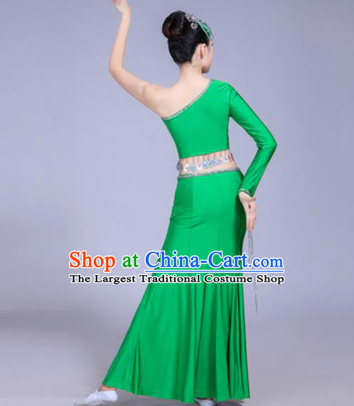 Traditional Chinese Dai Nationality Peacock Dance Costume Folk Dance Ethnic Pavane Green Dress for Women