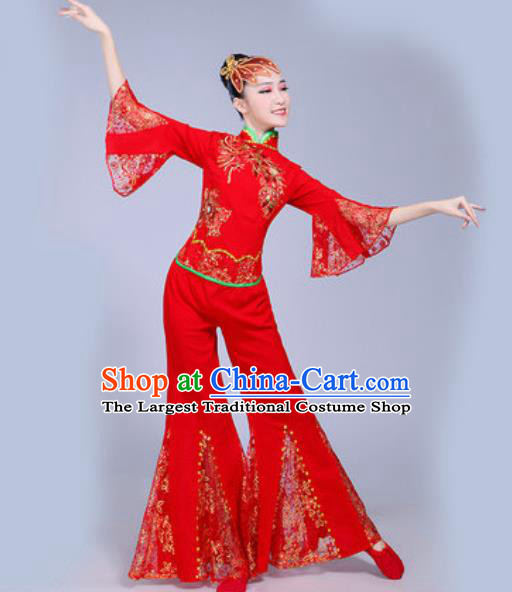 Chinese Traditional Yangko Dance Red Costumes Folk Dance Fan Dance Clothing for Women