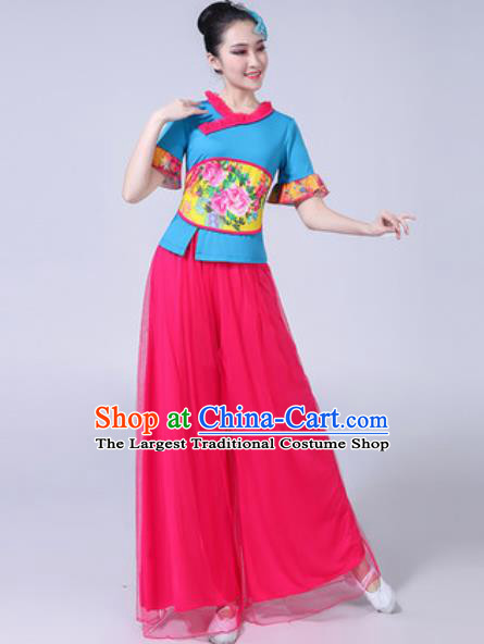Traditional Chinese Yangko Dance Rosy Veil Costumes Folk Dance Fan Dance Clothing for Women