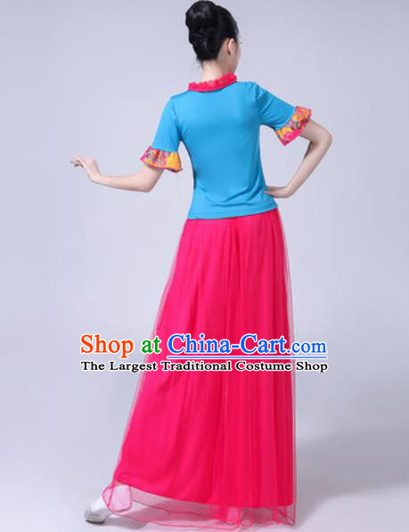 Traditional Chinese Yangko Dance Rosy Veil Costumes Folk Dance Fan Dance Clothing for Women