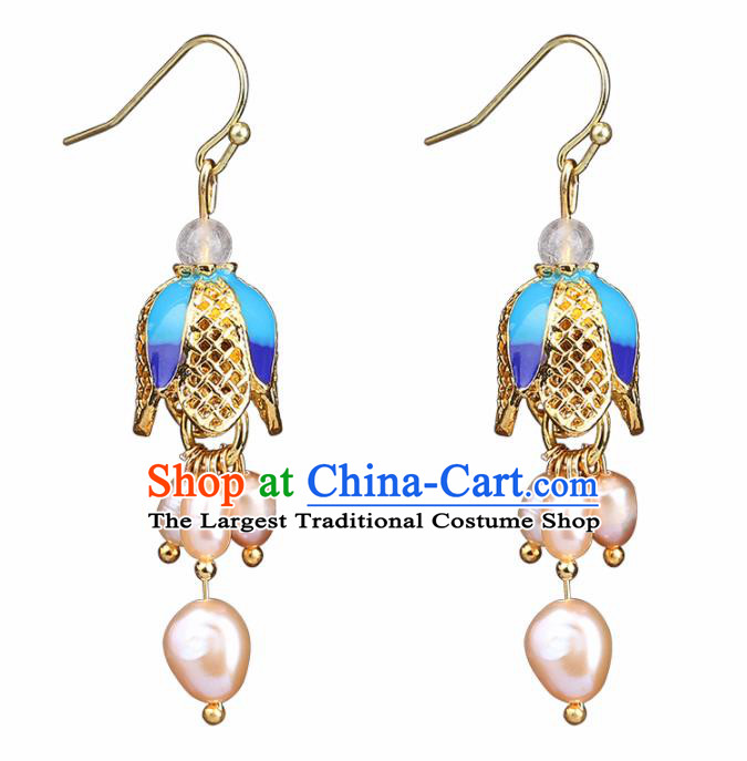 Chinese Yunnan National Classical Pearls Tassel Earrings Traditional Ear Jewelry Accessories for Women