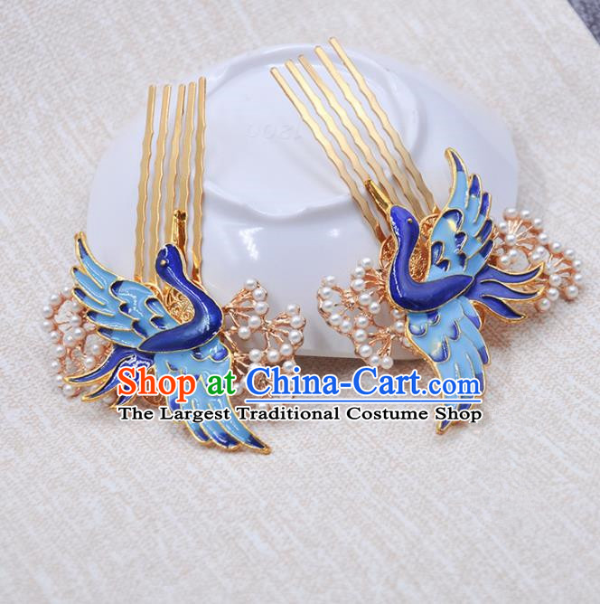 Handmade Chinese Traditional Blueing Crane Hair Combs Ancient Classical Hanfu Hair Accessories for Women