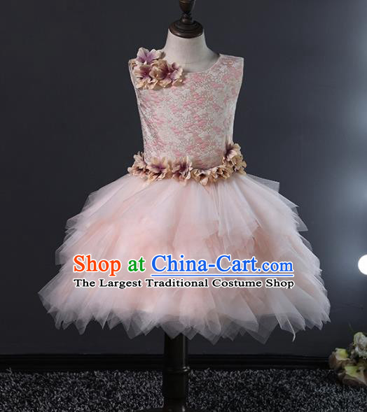 Children Stage Performance Catwalks Costume Ballroom Dance Compere Pink Veil Bubble Dress for Girls Kids