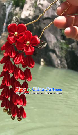 Asian Japanese Traditional Red Flowers Hairpins Japan Handmade Classical Kimono Hair Accessories for Women
