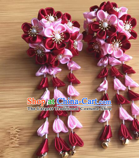 Asian Japanese Traditional Kimono Red Flowers Hair Stick Japan Handmade Classical Hair Accessories for Women