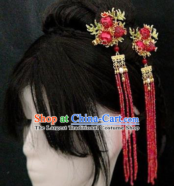 Chinese Ancient Traditional Red Pomegranate Tassel Hairpins Handmade Classical Hair Accessories for Women