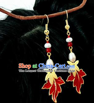 Chinese Ancient Handmade Maple Leaf Earrings Traditional Classical Hanfu Ear Jewelry Accessories for Women