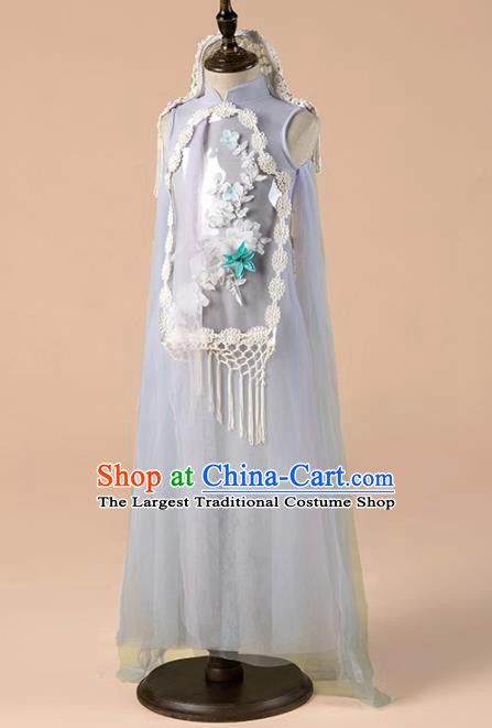 Children Catwalks Costume Girls Compere Modern Dance Lilac Veil Qipao Dress for Kids