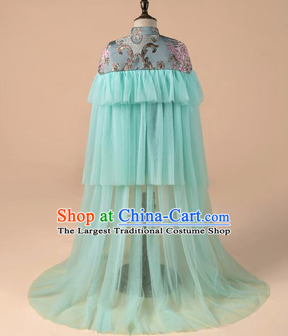 Children Catwalks Costume Chinese Girls Compere Modern Dance Green Veil Full Dress for Kids