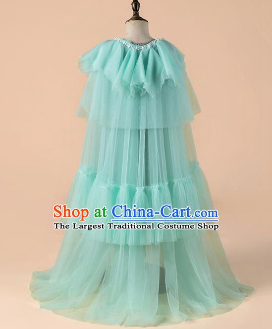 Children Catwalks Costume Chinese Girls Compere Modern Dance Green Veil Qipao Dress for Kids