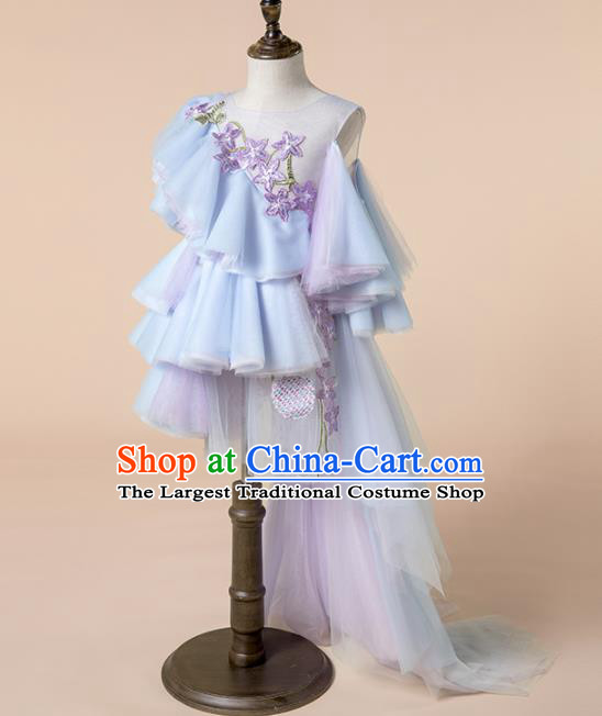 Children Princess Catwalks Costume Girls Compere Modern Dance Blue Veil Bubble Full Dress for Kids