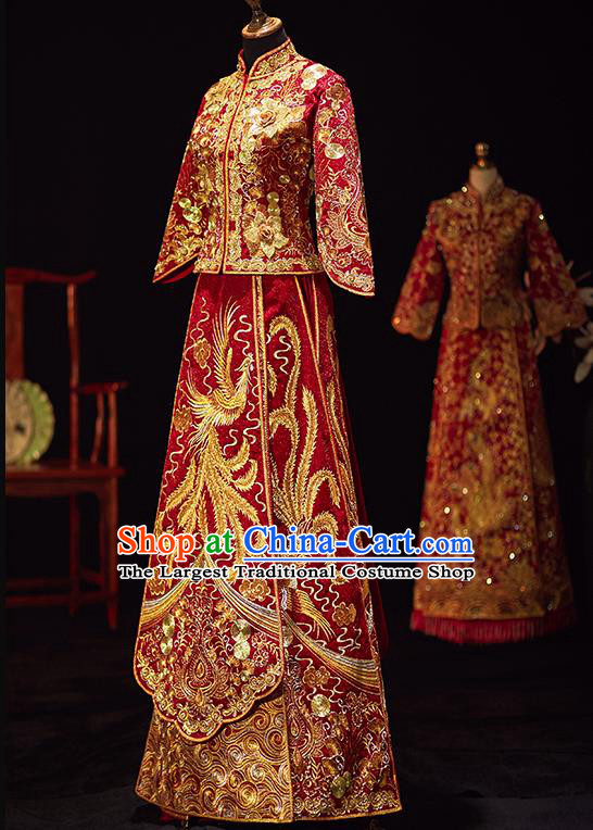 Chinese Traditional Wedding Costumes Ancient Bride Embroidered Phoenix Xiuhe Suits Red Full Dress for Women