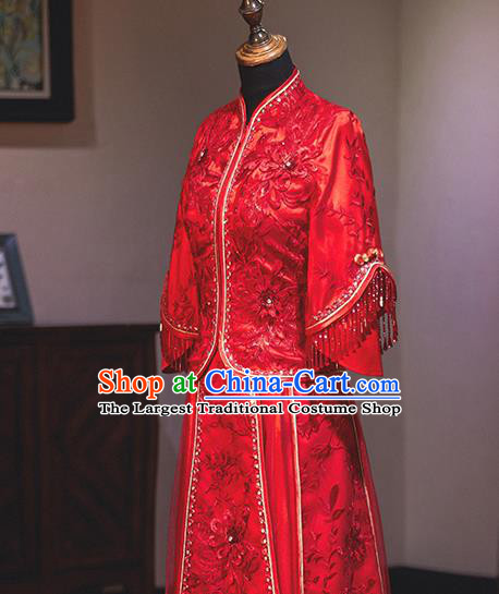 Chinese Traditional Wedding Costumes Bride Embroidered Xiuhe Suits Ancient Toast Red Full Dress for Women