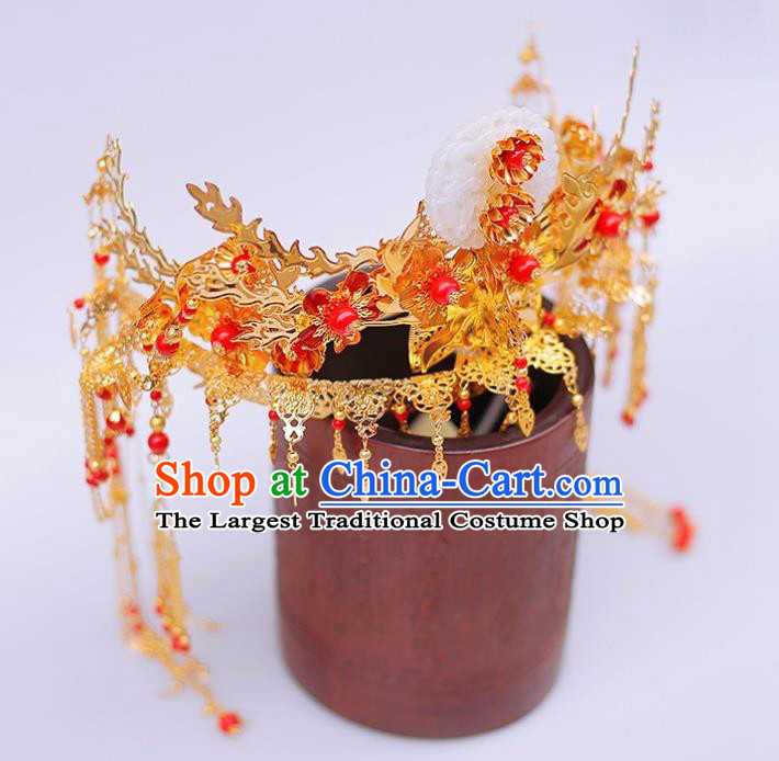 Chinese Ancient Traditional Hanfu Hairpins Handmade Bride Jade Phoenix Coronet Classical Hair Accessories for Women