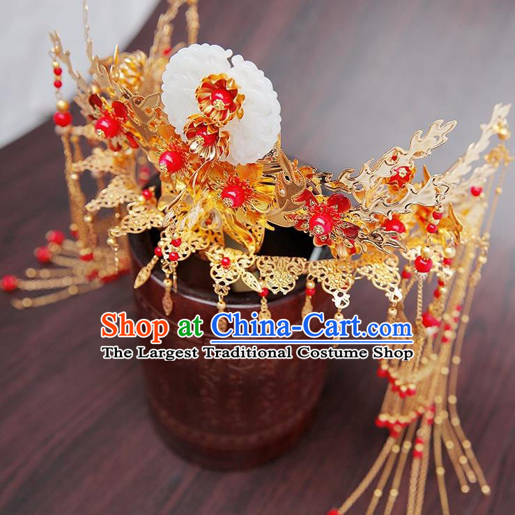 Chinese Ancient Traditional Hanfu Hairpins Handmade Bride Jade Phoenix Coronet Classical Hair Accessories for Women