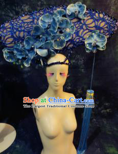 Halloween Cosplay Deluxe Palace Blue Flowers Hair Accessories Chinese Catwalks Hat Headwear for Women