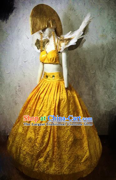 Brazilian Carnival Parade Costumes Halloween Catwalks Stage Show Yellow Dress and Headwear for Women