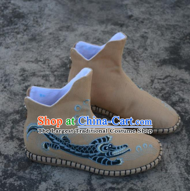 Chinese Traditional Boots Ancient Swordsman Shoes Embroidered Crocodile Khaki Shoes for Men