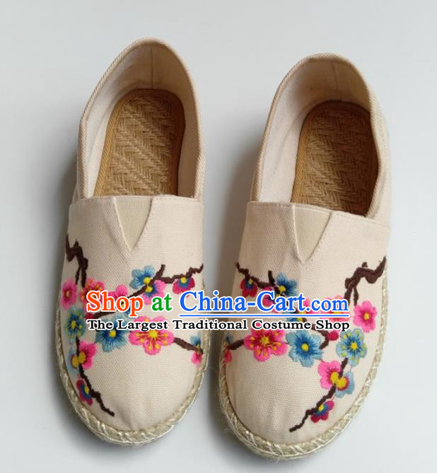 Chinese Traditional Hanfu Shoes Ancient Princess Shoes Embroidered Beige Linen Shoes for Women