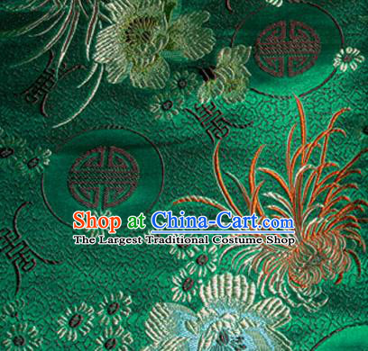 Asian Chinese Tang Suit Material Traditional Chrysanthemum Peony Pattern Design Deep Green Satin Brocade Silk Fabric