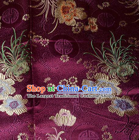 Asian Chinese Tang Suit Material Traditional Chrysanthemum Peony Pattern Design Purple Satin Brocade Silk Fabric