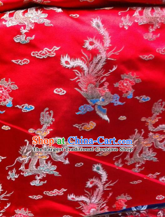 Asian Traditional Royal Dragon Phoenix Pattern Design Red Satin Material Chinese Tang Suit Brocade Silk Fabric
