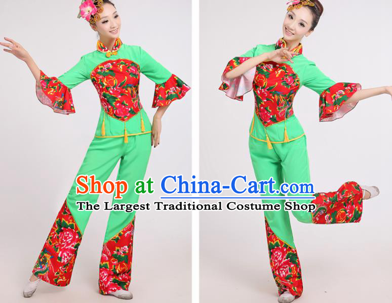 Chinese Traditional Yangko Dance Village Girl Green Costumes Group Dance Folk Dance Clothing for Women