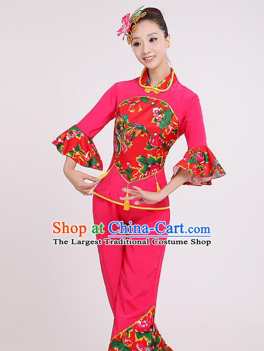Chinese Traditional Yangko Dance Village Girl Rosy Costumes Group Dance Folk Dance Clothing for Women