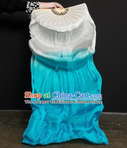 Chinese Traditional Folk Dance Props White and Blue Ribbon Silk Fans Folding Fans Yangko Fan