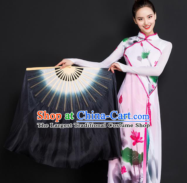 Chinese Traditional Folk Dance Props Double Sides Black Ribbon Silk Fans Folding Fans Yangko Fan