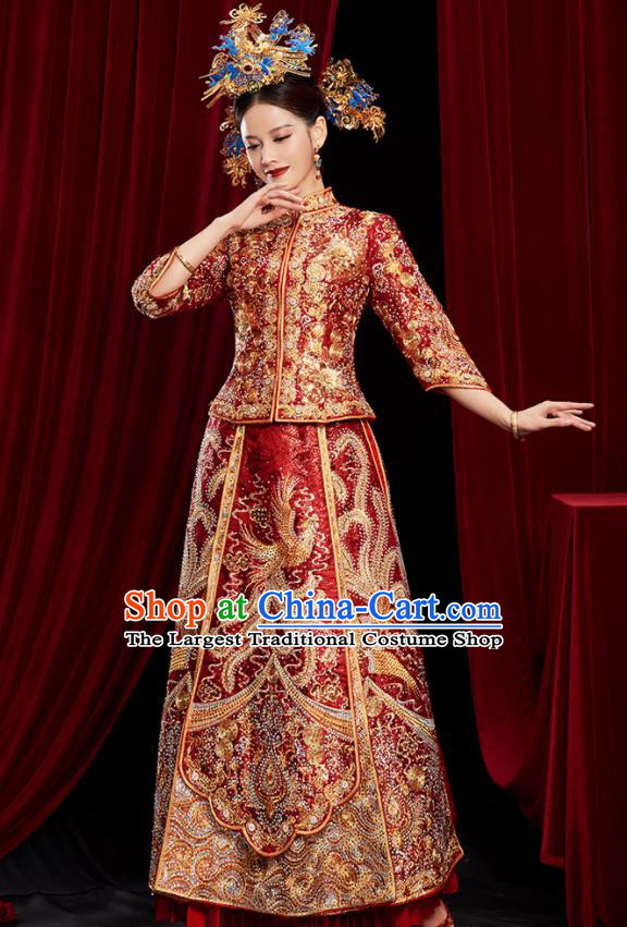 Chinese Traditional Wedding Red Xiuhe Suits Ancient Bride Embroidered Costumes for Women