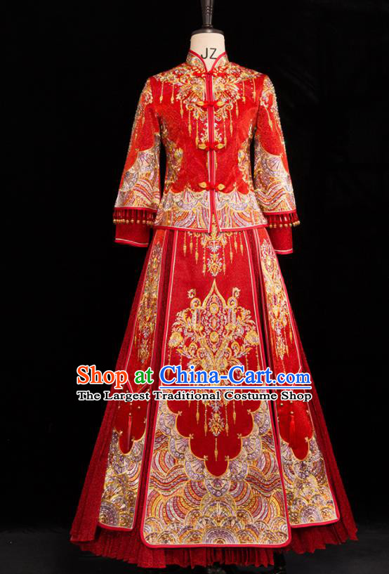 Chinese Traditional Wedding Toast Xiuhe Suits Ancient Bride Handmade Embroidered Costumes for Women