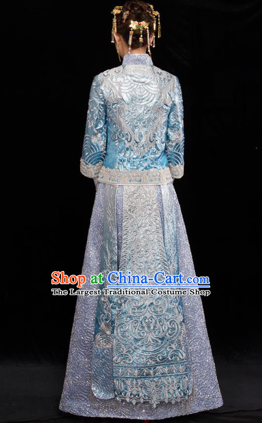 Chinese Traditional Wedding Toast Blue Xiuhe Suits Ancient Bride Handmade Embroidered Costumes for Women