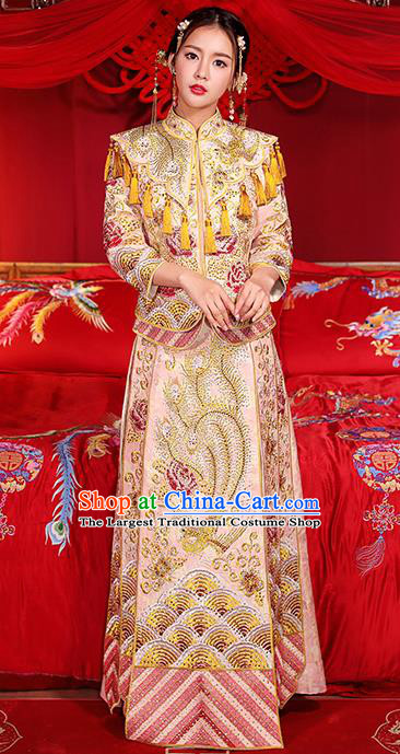 Chinese Traditional Wedding Dress Pink Xiuhe Suits Ancient Bride Handmade Embroidered Costumes for Women