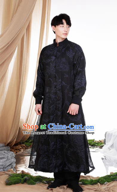 Chinese Traditional Tang Suit Costumes National Black Long Gown Overcoat for Men
