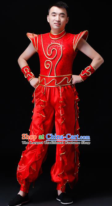 Chinese Traditional Folk Dance Costumes Drum Dance Group Dance Red Clothing for Men