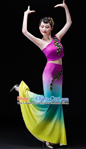Chinese Traditional Folk Dance Costumes Peacock Dance Group Dance Purple Dress for Women