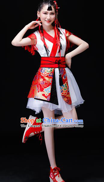 Chinese Traditional Folk Dance Costumes Drum Dance Group Dance White Dress for Women