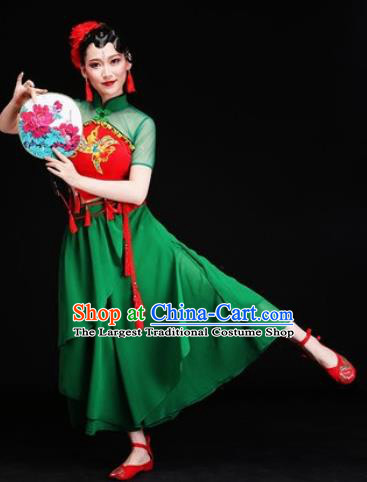 Chinese Traditional Folk Dance Costumes Yangko Dance Group Dance Green Dress for Women