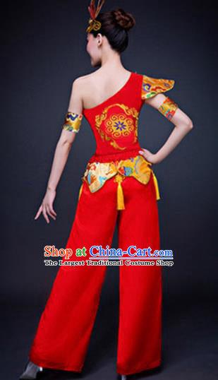 Chinese Traditional Folk Dance Costumes New Year Drum Dance Group Dance Red Clothing for Women