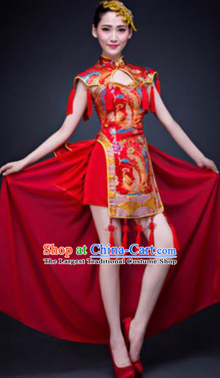 Chinese Traditional Folk Dance Costumes New Year Drum Dance Red Dress for Women