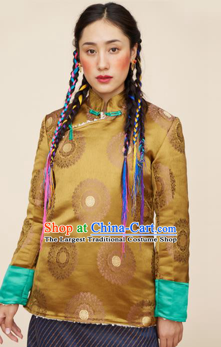 Traditional Chinese Zang Nationality Dance Costumes Tibetan Ethnic Folk Dance Golden Overcoat for Women