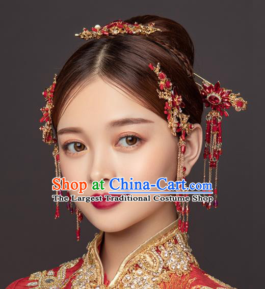 Chinese Ancient Wedding Hair Accessories Bride Red Tassel Hairpins Headwear for Women