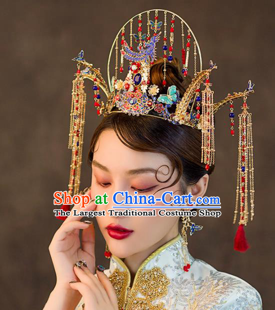 Chinese Ancient Wedding Hair Accessories Palace Cloisonne Phoenix Coronet Bride Hairpins Headwear for Women