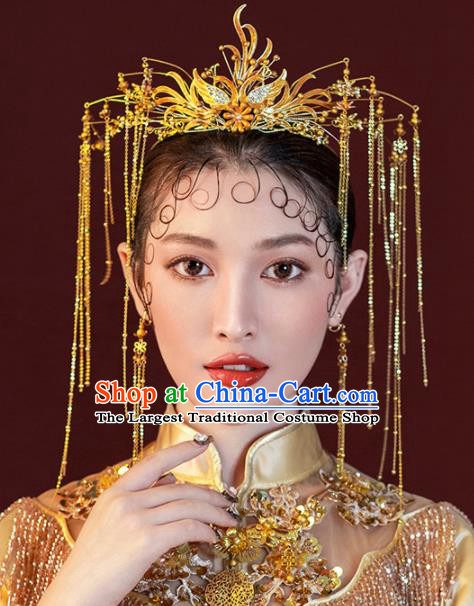 Chinese Ancient Wedding Hair Accessories Luxury Golden Tassel Phoenix Coronet Bride Hairpins Headwear for Women