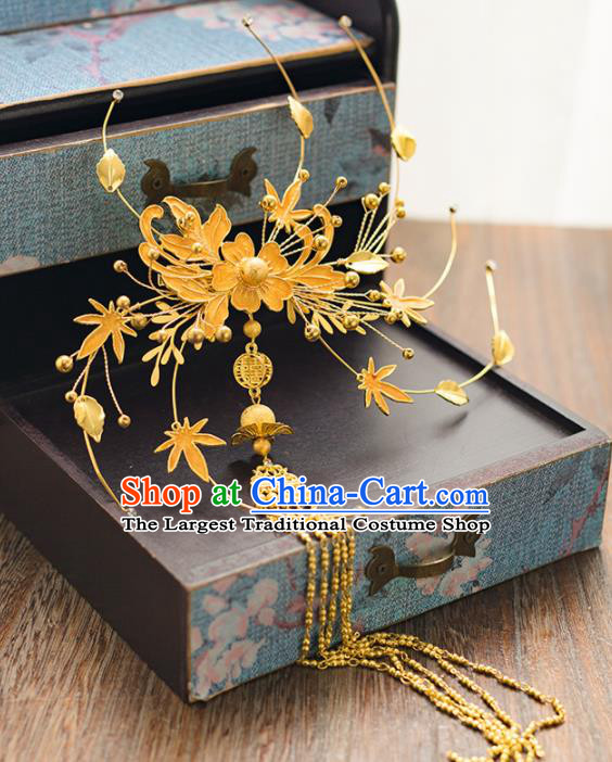 Chinese Ancient Bride Wedding Hair Accessories Golden Hair Clasp Tassel Hairpins Headwear for Women