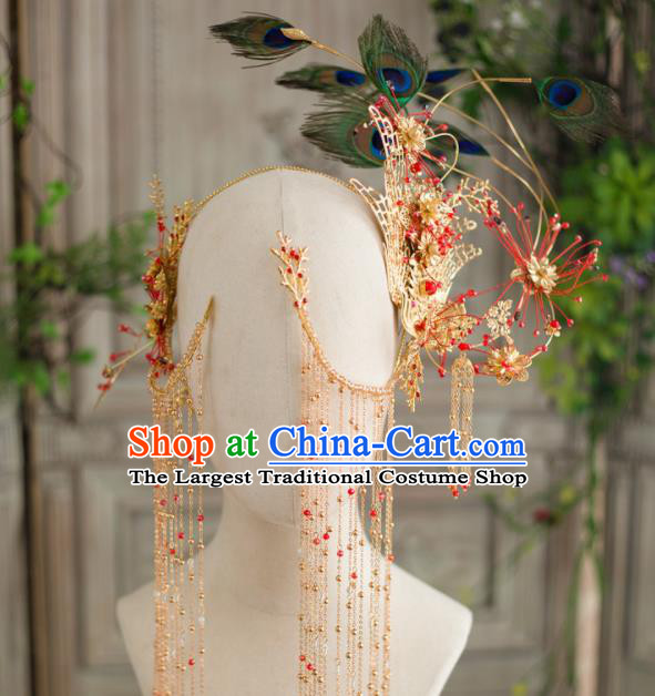 Chinese Ancient Bride Phoenix Coronet Wedding Hair Accessories Tassel Hairpins Feather Headwear for Women