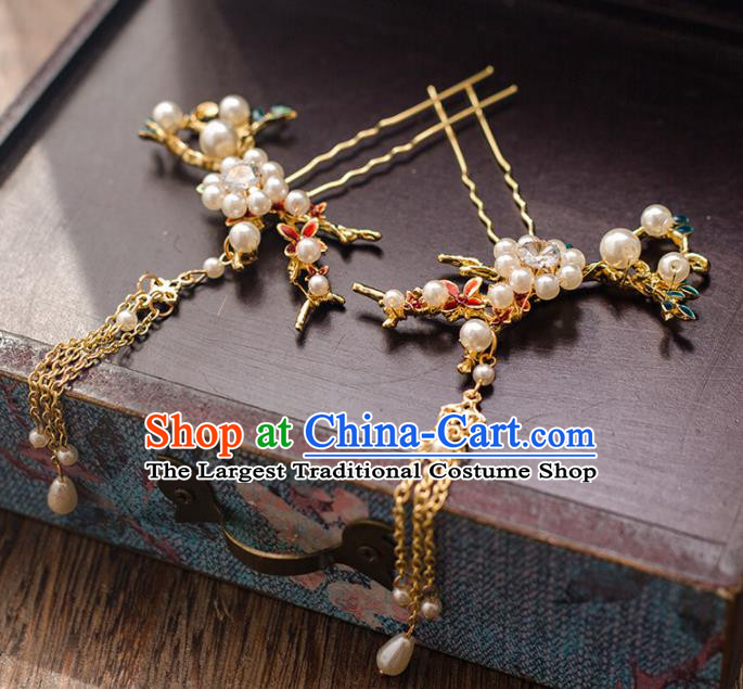 Chinese Ancient Bride Tassel Step Shake Wedding Hair Accessories Pearls Hairpins Headwear for Women