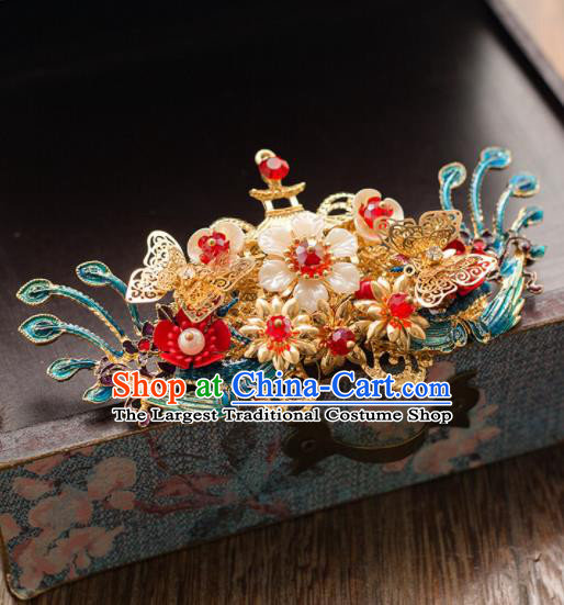 Chinese Ancient Bride Blueing Hair Crown Wedding Hair Accessories Palace Tassel Hairpins Headwear for Women