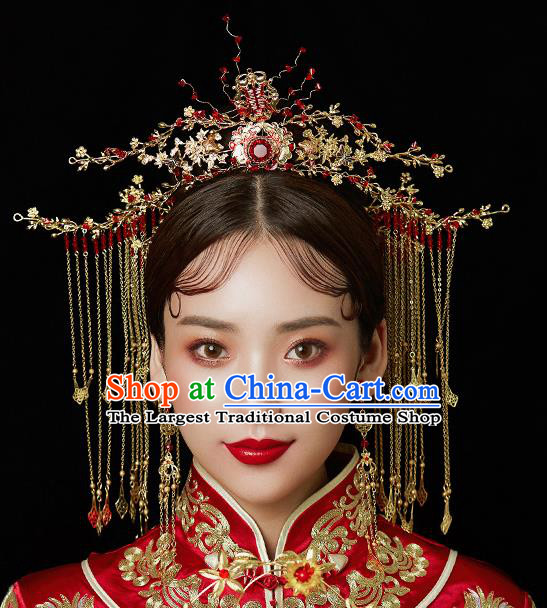 Chinese Ancient Wedding Hair Accessories Bride Red Crystal Phoenix Coronet Tassel Hairpins Headwear for Women